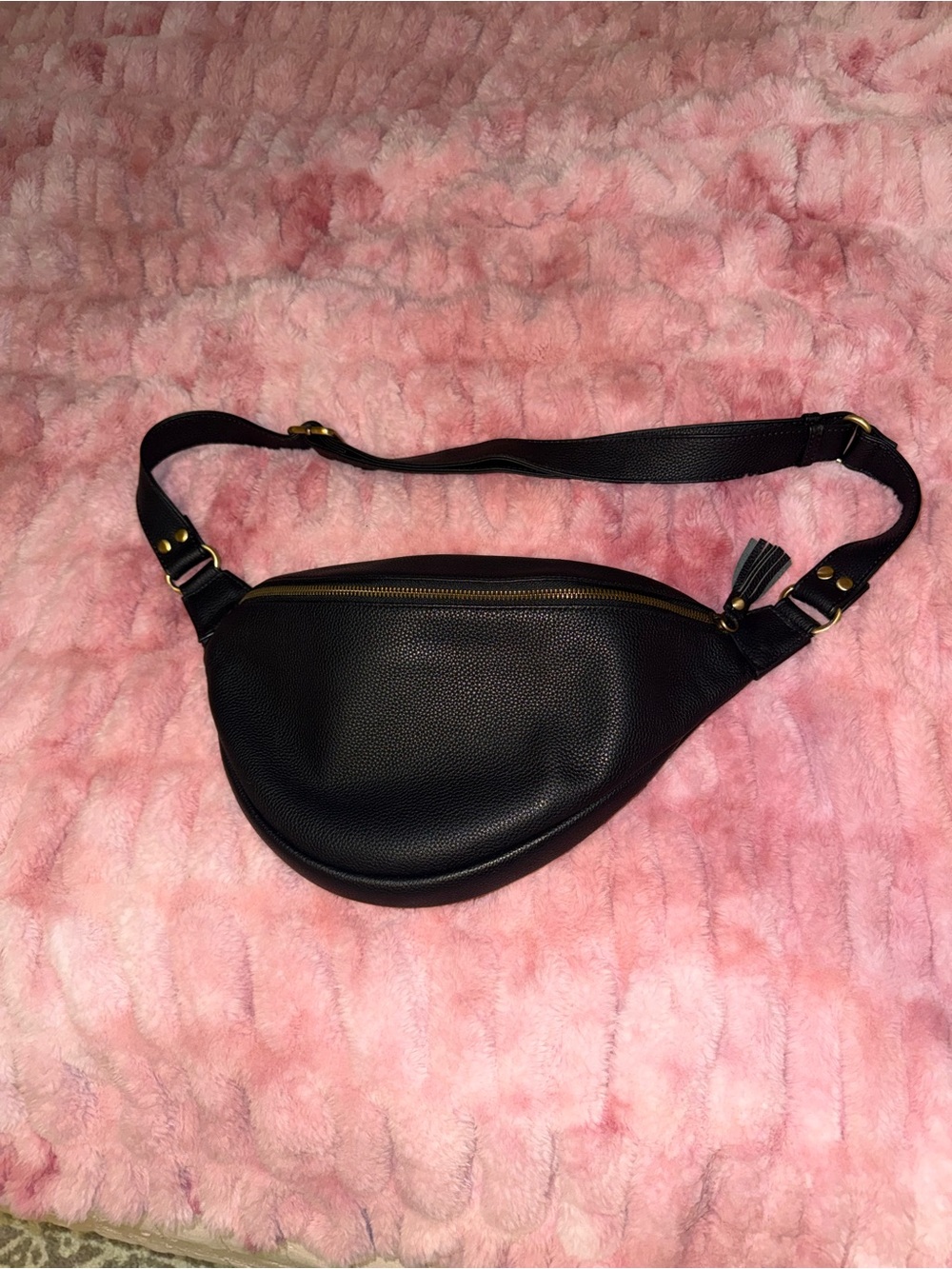 Black Faux Leather Crossbody Waist Bag with Gold Hardware